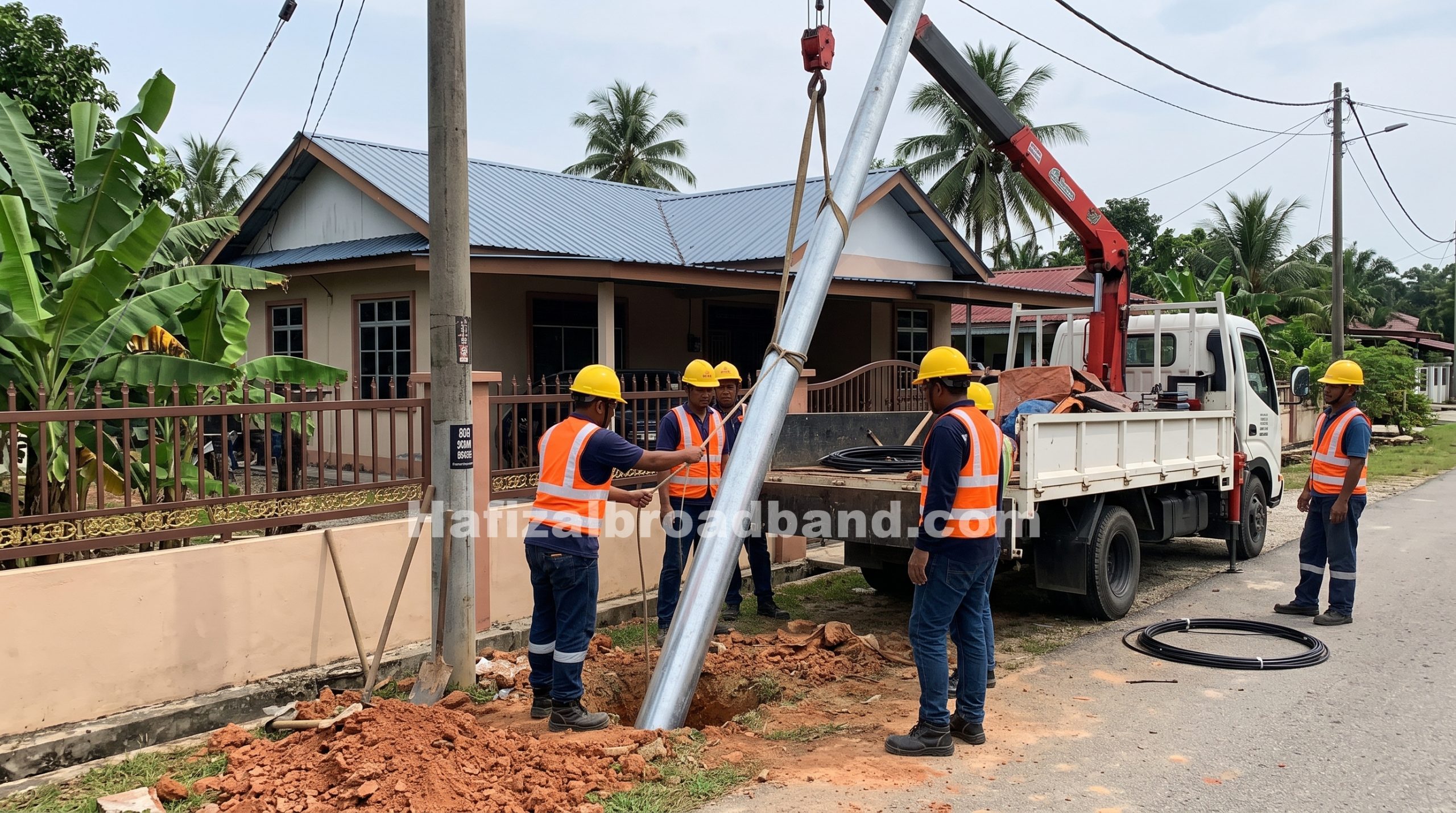 Kerja-kerja penanaman dan penambahan tiang utiliti telekomunikasi menggunakan lori kren di hadapan rumah pelanggan tanah lot