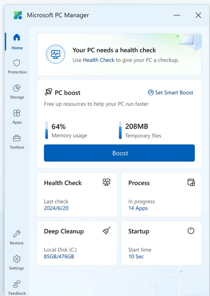 Antaramuka Microsoft PC Manager untuk Windows 11 dan 10