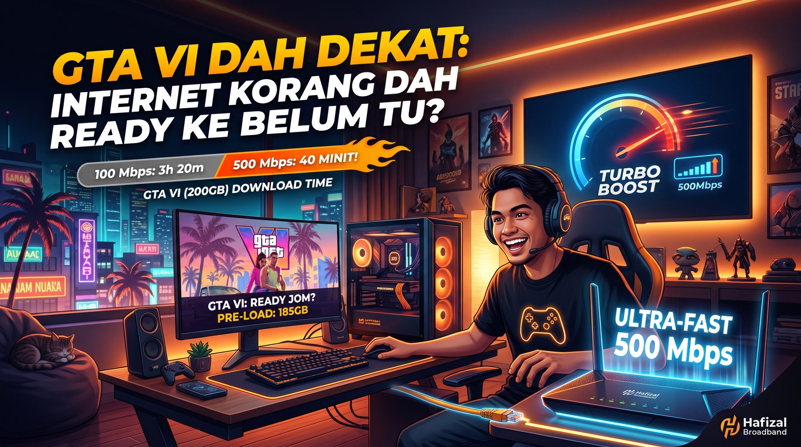 Perbandingan kelajuan muat turun game GTA VI antara 100 Mbps dan 500 Mbps bersama router wifi fiber