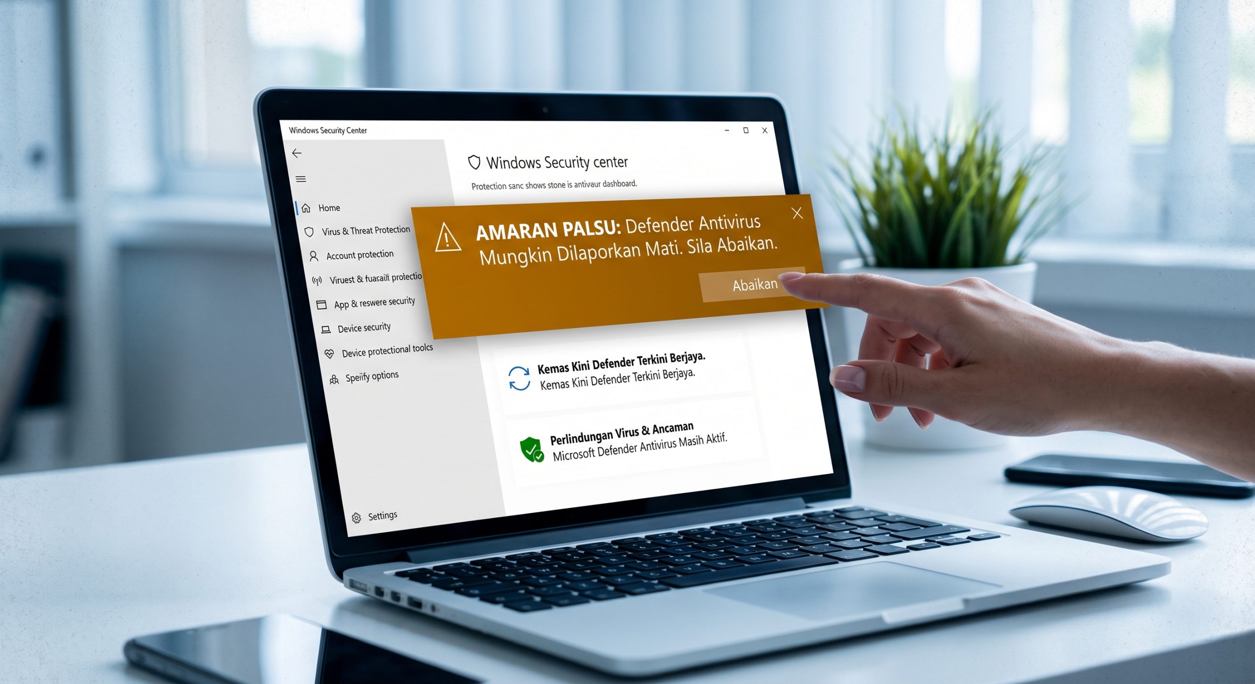 Skrin komputer riba memaparkan amaran palsu Microsoft Defender Antivirus dimatikan