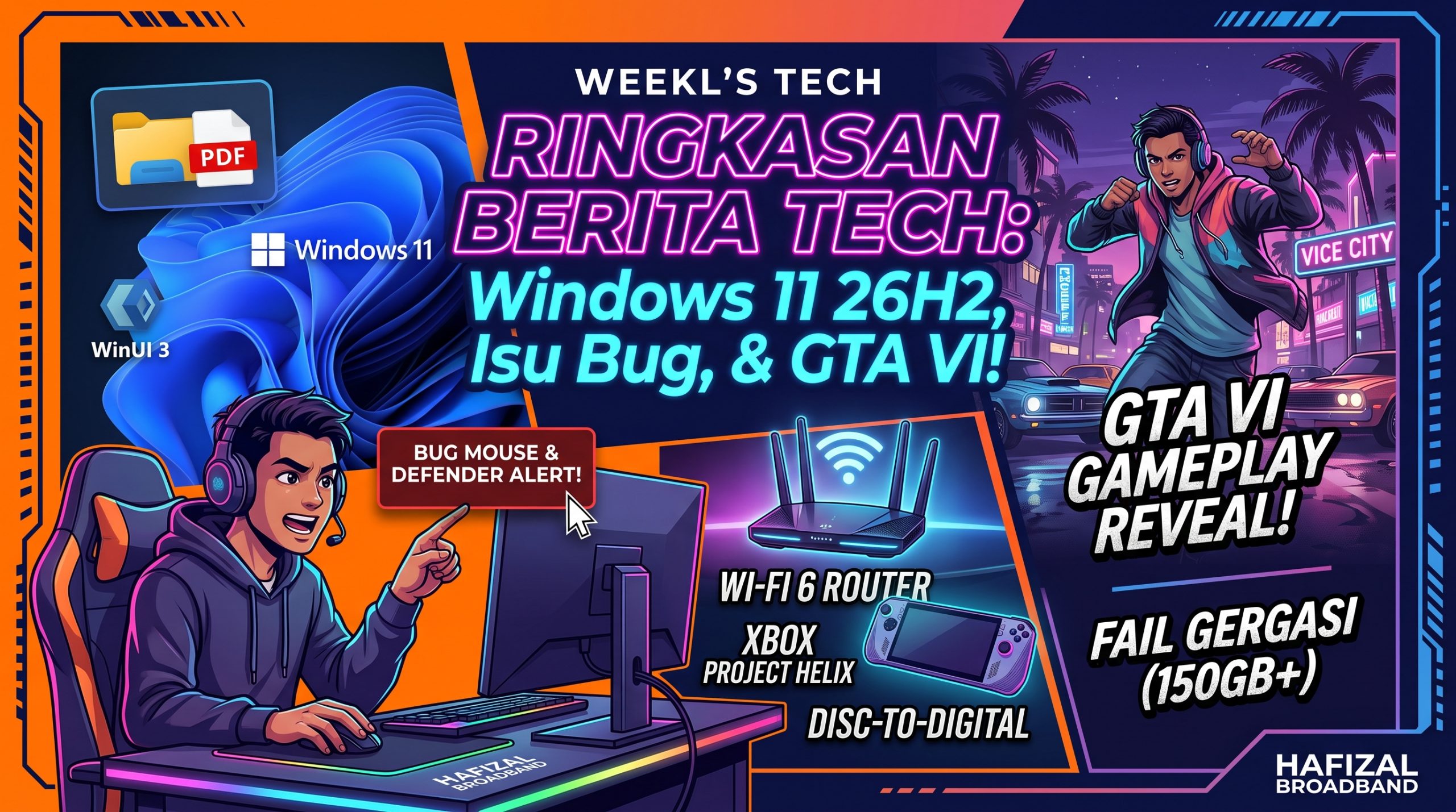 Infografik ringkasan berita teknologi memaparkan kemas kini Windows 11 26H2, isu pepijat tetikus, dan pendedahan gameplay GTA VI