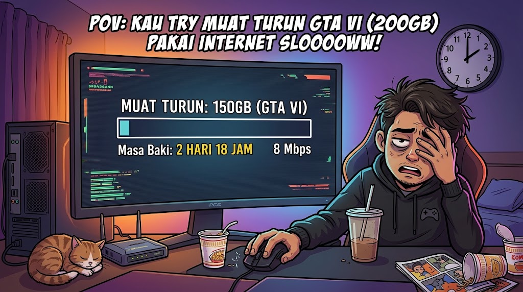 Ilustrasi meme gamer tertekan menunggu muat turun fail GTA VI 150GB dengan baki masa 2 hari akibat internet perlahan