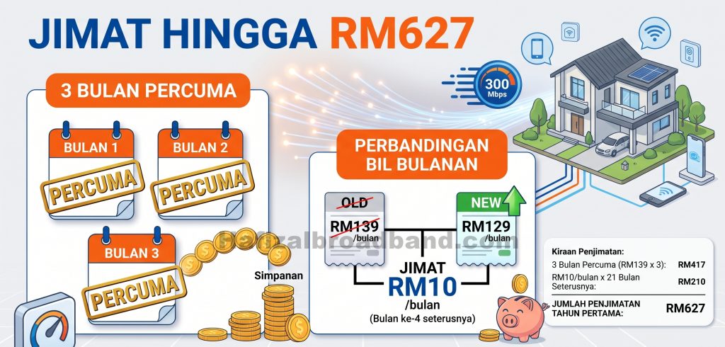 Infografik kira-kira penjimatan promosi Unifi 300Mbps percuma 3 bulan