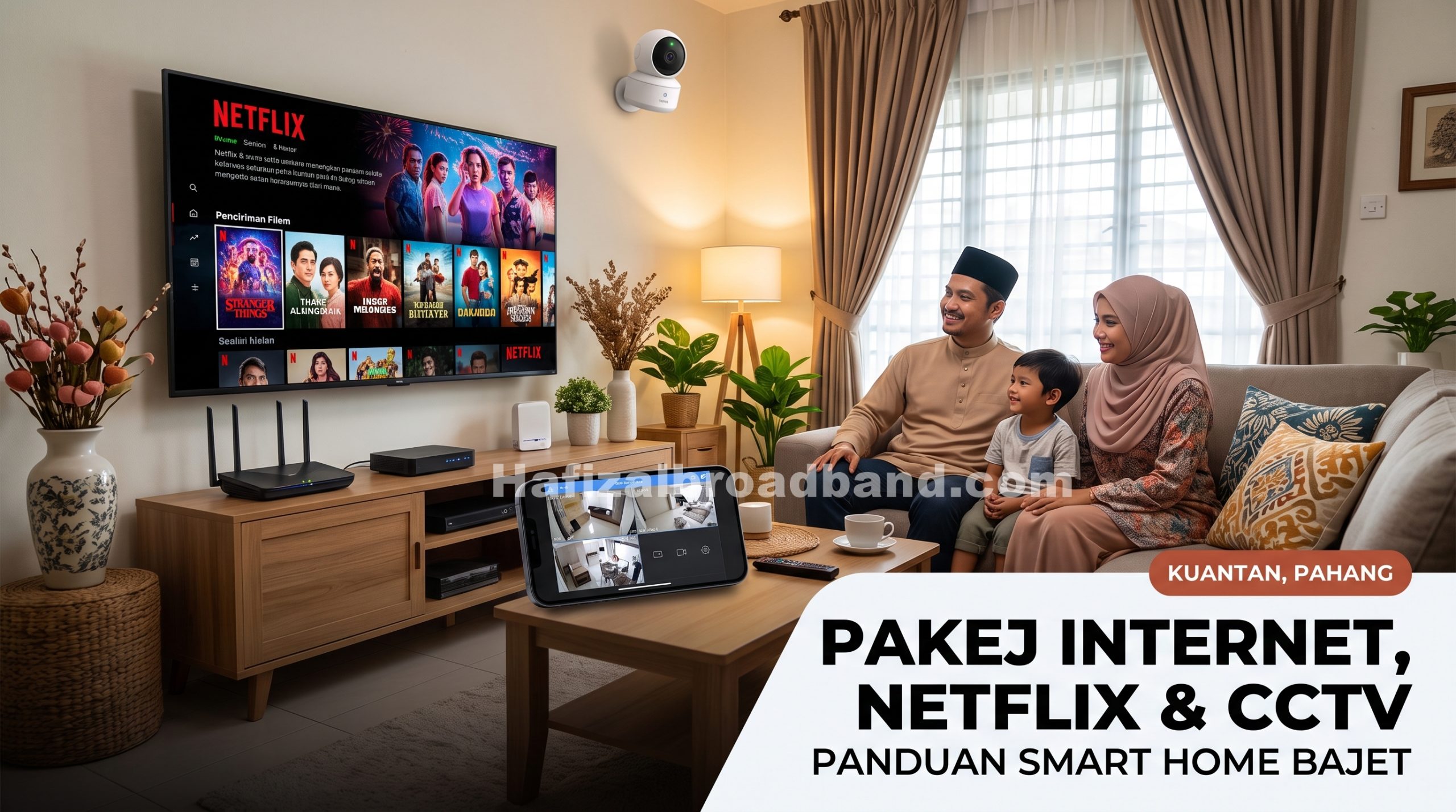 eluarga bersantai menonton Netflix di TV dengan router Wi-Fi dan telefon pintar memaparkan rakaman CCTV pakej internet smart home di Kuantan, Pahang.