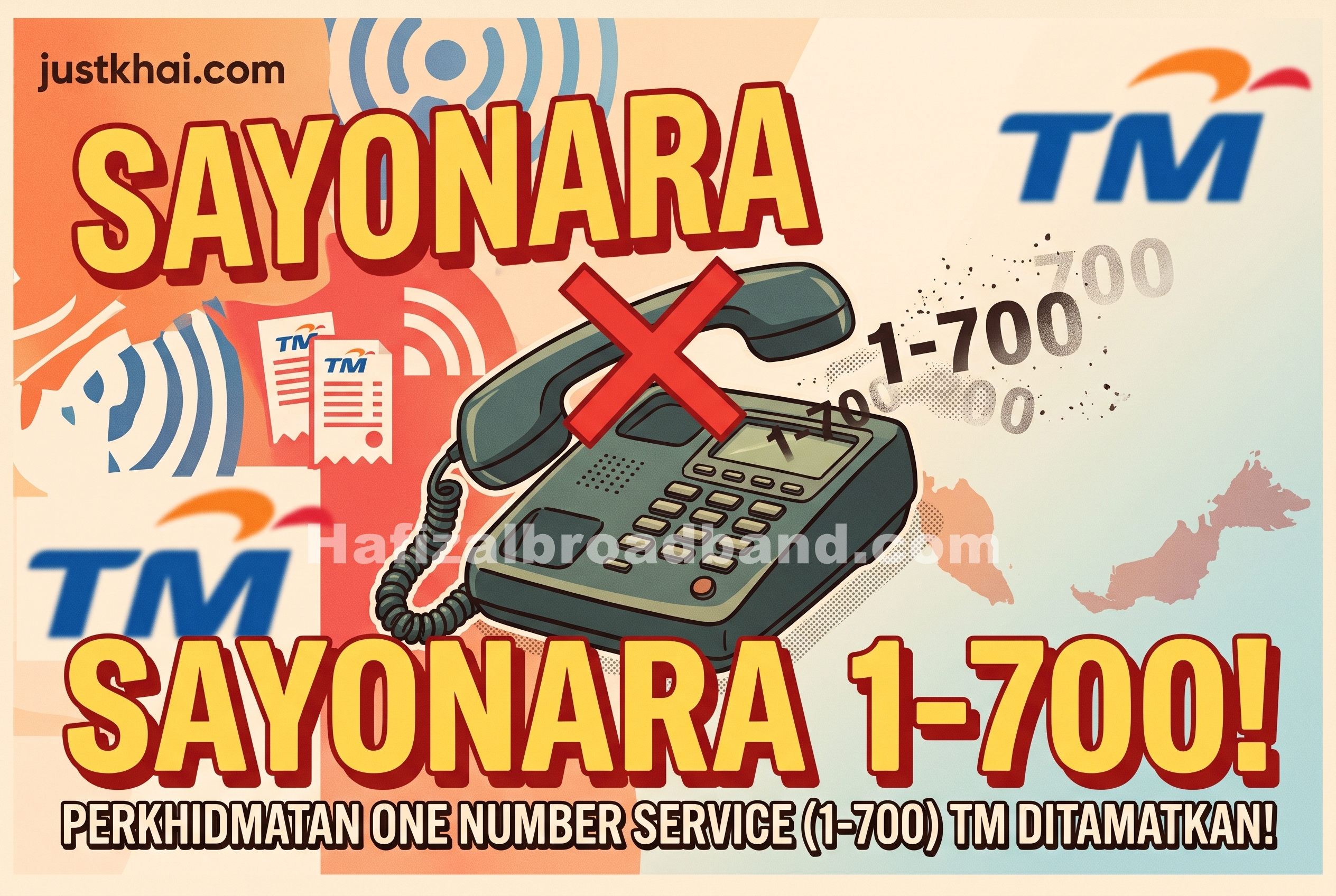 Ilustrasi grafik gaya retro memaparkan telefon pejabat bertanda pangkah merah dengan teks Sayonara 1-700 sempena pengumuman penamatan perkhidmatan One Number Service TM.