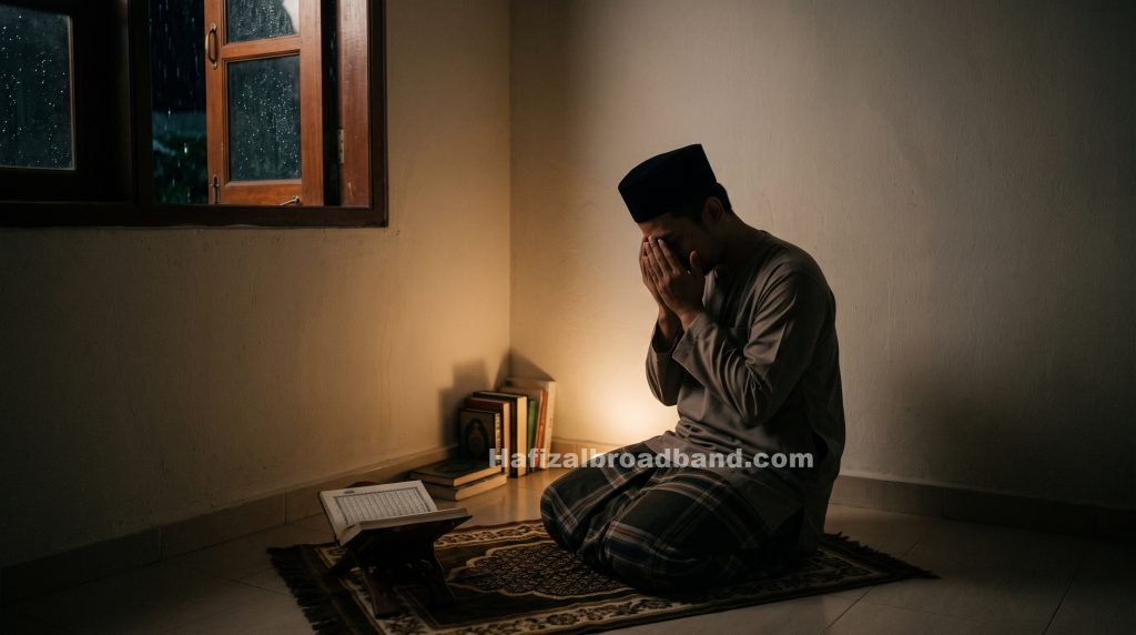 `Seorang lelaki sedang duduk berdoa dalam keadaan penuh emosi dan kesayuan di atas sejadah di dalam bilik yang malap waktu malam, menggambarkan perjuangan jiwa yang berserah kepada takdir.
